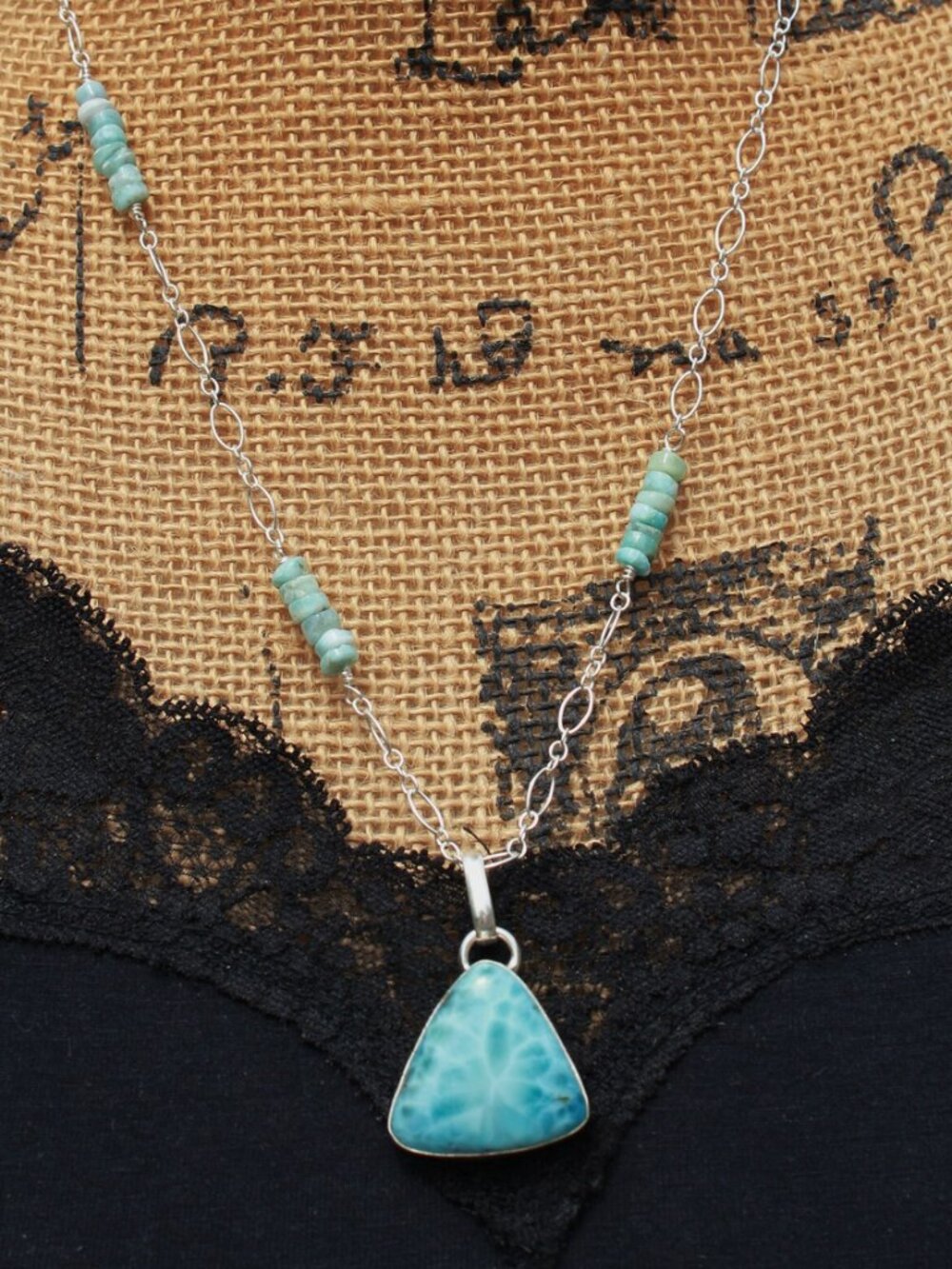 Larimar Sterling Silver Necklace: Triangle Pendant, Dominican Gemstone